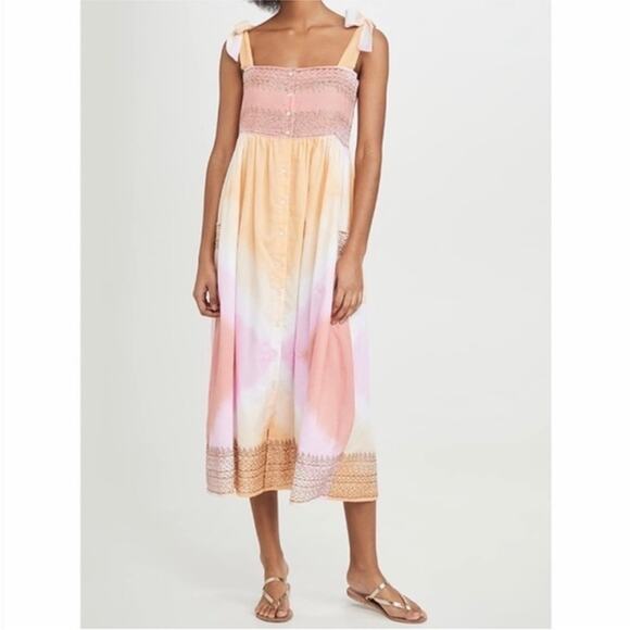Juliet Dunn Pink Sunset Gold Embroidered Tie Shoulder Cotton Midi Dress 1 / S - Picture 2 of 12